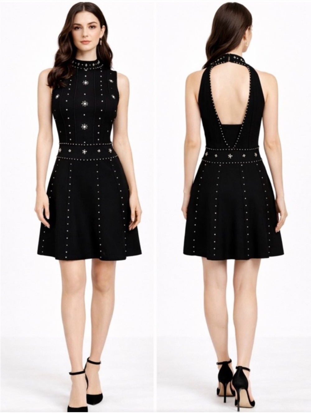 Sandro Paris Black Studded Halter Fit-and-Flare Dress